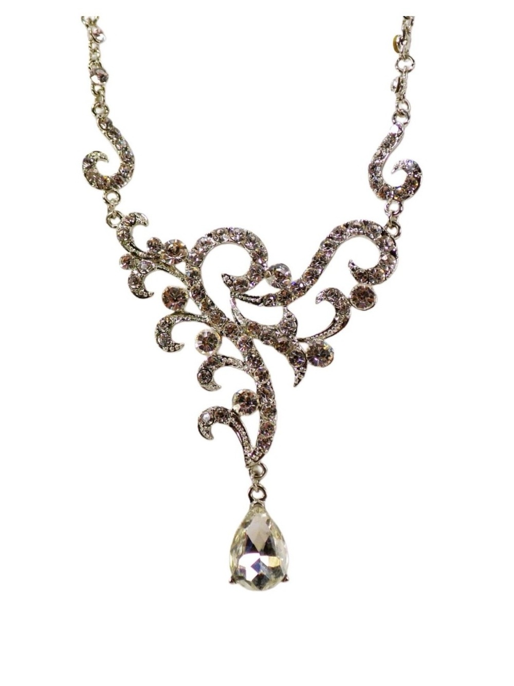 Elegant clear crystal statement necklace with teardrop and scrolling design NEW